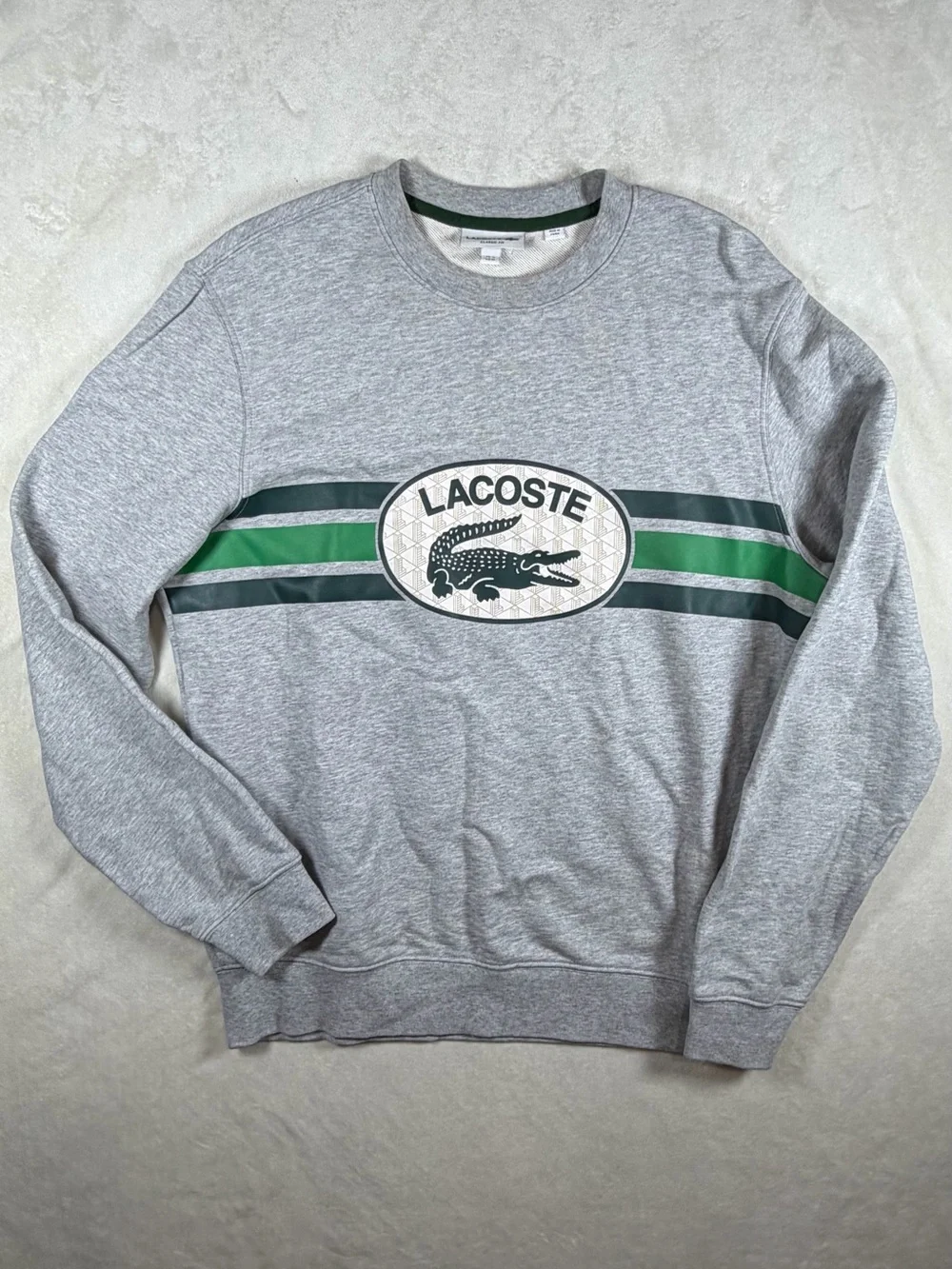 Lacoste FR4 US Medium Grey Crewneck Sweatshirt with Green Stripe Accents